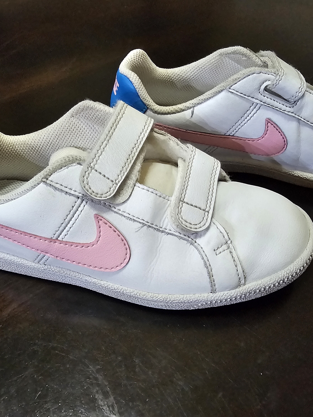 Nike Kids White Sneakers with Pink Swoosh and Velcro Straps